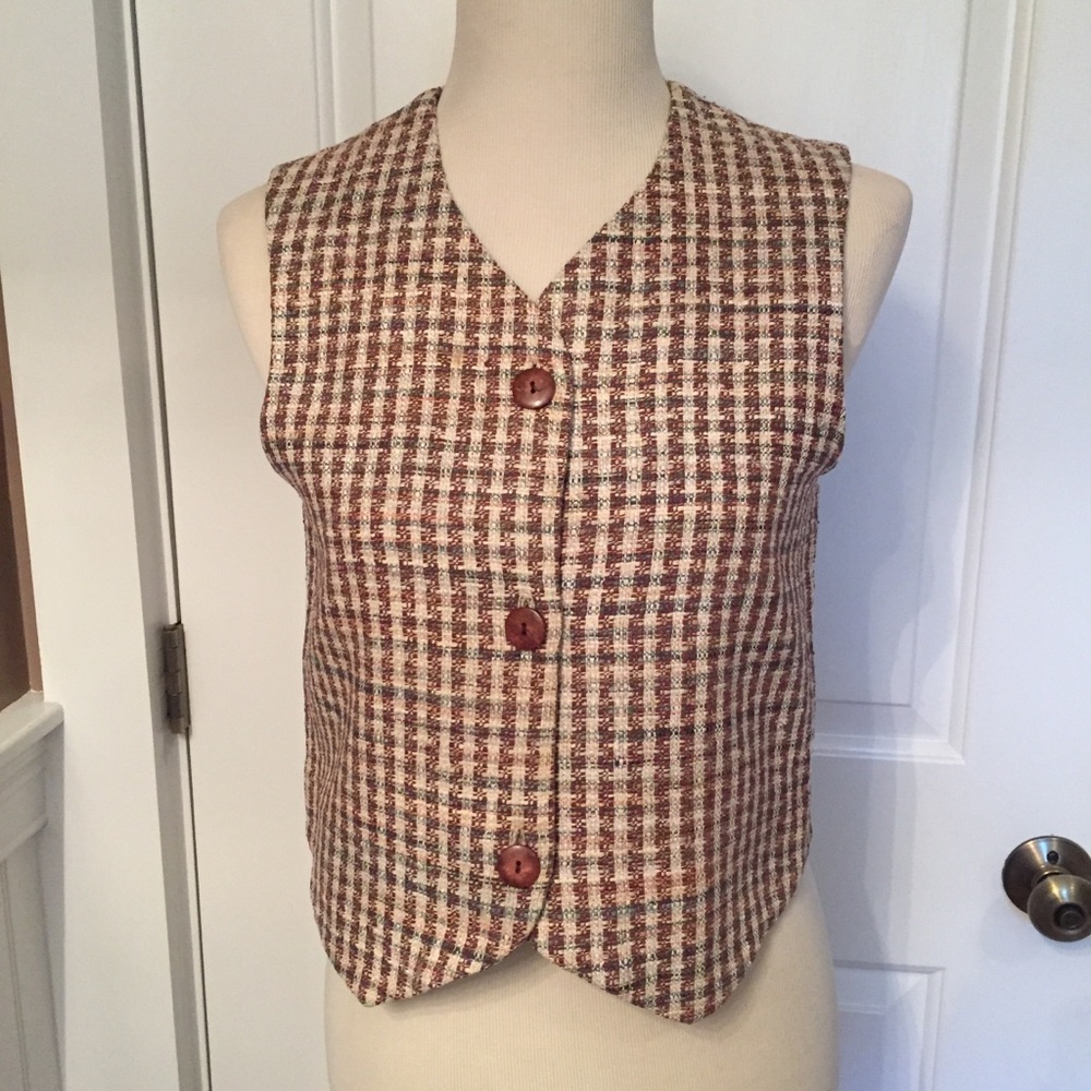 HENRI BENDEL VEST CROP TOP CREAM BROWN PLAID MENSWEAR Size P S VINTAGE